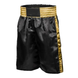 ZM black satin boxing shorts with gold waistband and side stripe