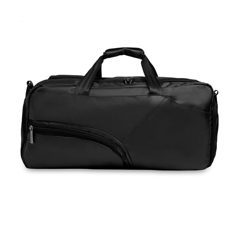 ZM black duffle bag, front view with curved zip pocket