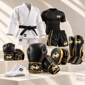 ZM branded boxing gloves, MMA gloves, gi, rash guard, shorts, focus mitts and shin guards