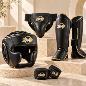 ZM head guard, groin guard, shin guards and hand wraps