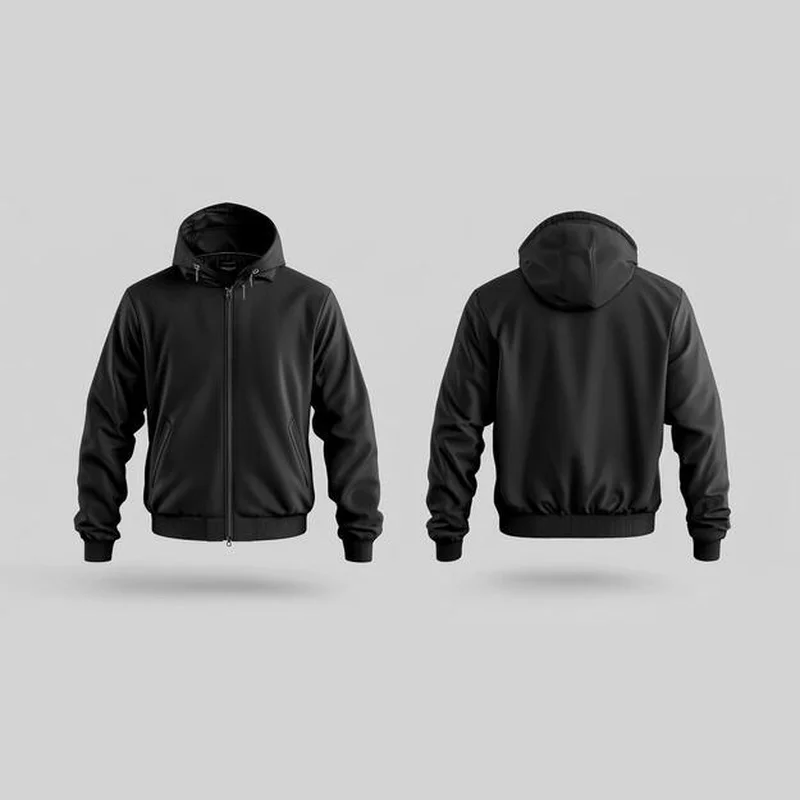 ZM black zip jacket with hood, front and back